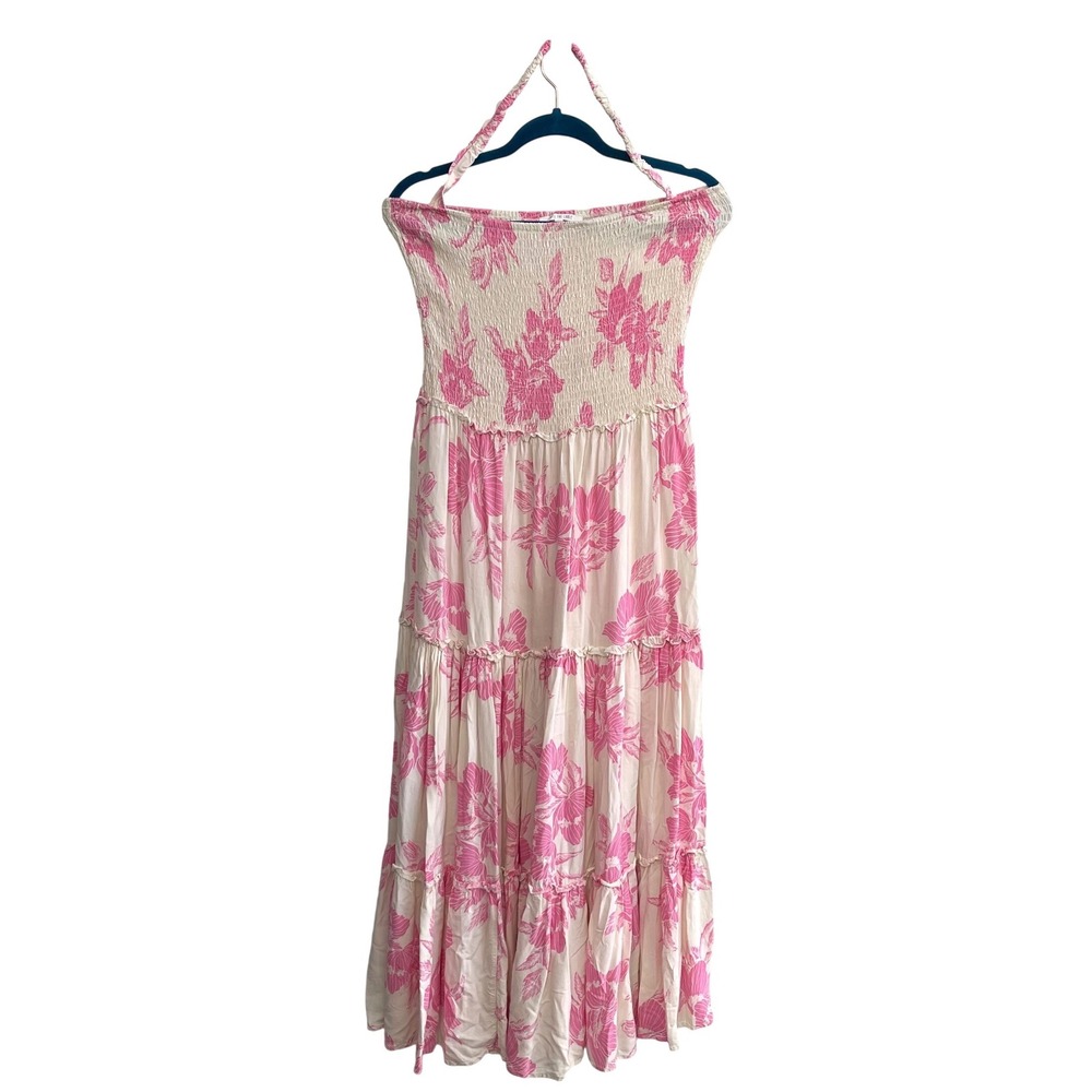 Abel the Label Floral Maxi Dress Womens L Pink Smocked Tiered Halter Boho Summer - Picture 2 of 10